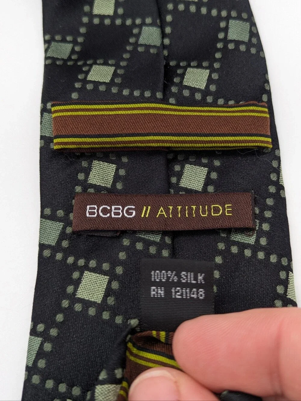 BCBG Attitude Black Green Checkered Silk Tie